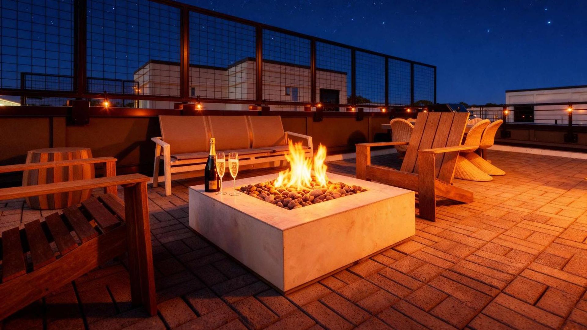 Rooftop Fire Pit Lounge Skyline Dt Nash Views